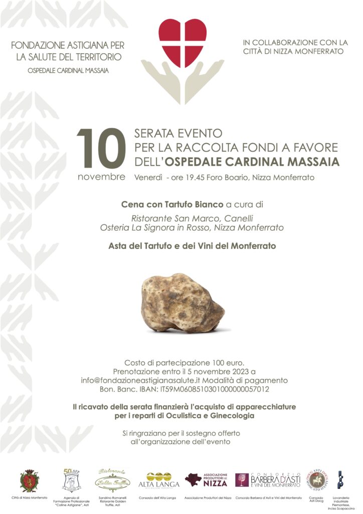 Serata evento per la raccolta fondi                                       Venerdì 10 Novembre                                                                    Foro Boario di Nizza Monferrato